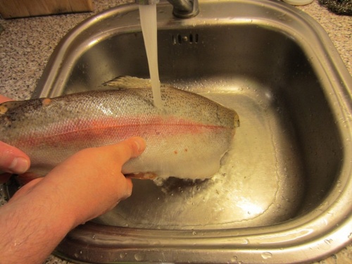 Промывание рыбы под проточной водой